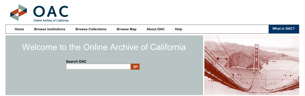 Banner image of Online Archive of California's logo and search bar.