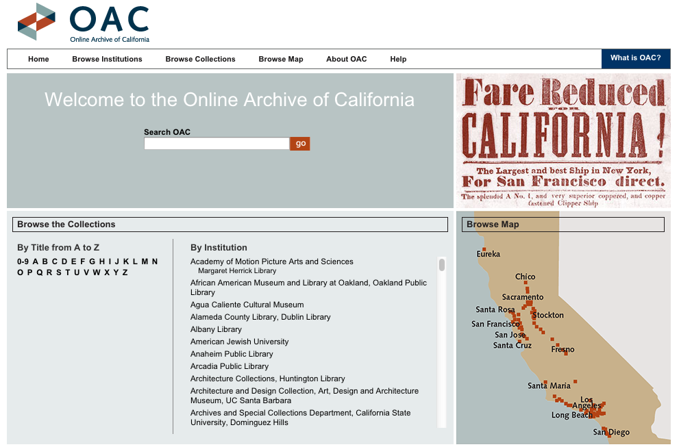 Image of OAC's landing page with three columns of browsing functions.